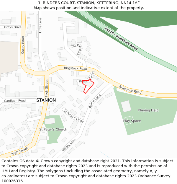 1, BINDERS COURT, STANION, KETTERING, NN14 1AF: Location map and indicative extent of plot