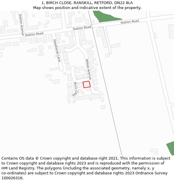 1, BIRCH CLOSE, RANSKILL, RETFORD, DN22 8LA: Location map and indicative extent of plot