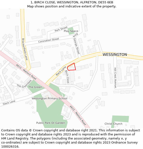 1, BIRCH CLOSE, WESSINGTON, ALFRETON, DE55 6EB: Location map and indicative extent of plot