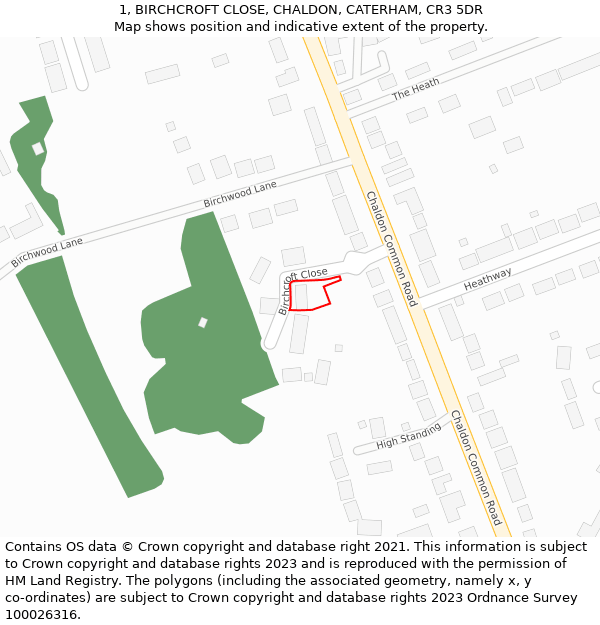 1, BIRCHCROFT CLOSE, CHALDON, CATERHAM, CR3 5DR: Location map and indicative extent of plot