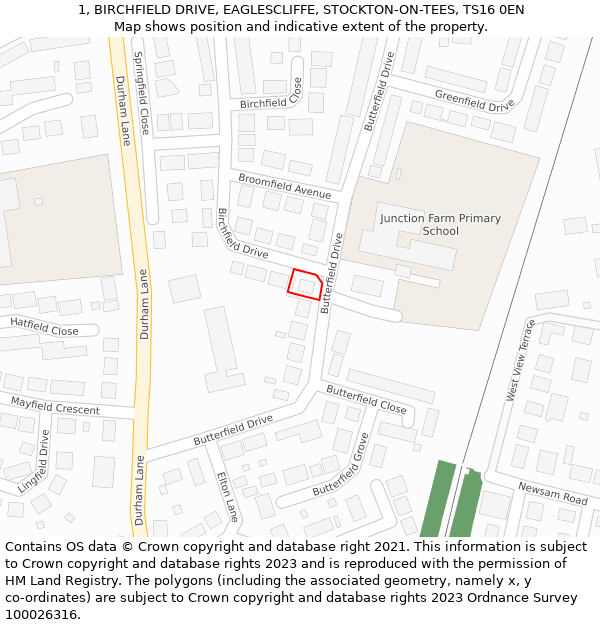 1, BIRCHFIELD DRIVE, EAGLESCLIFFE, STOCKTON-ON-TEES, TS16 0EN: Location map and indicative extent of plot