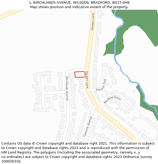 1, BIRCHLANDS AVENUE, WILSDEN, BRADFORD, BD15 0HB: Location map and indicative extent of plot