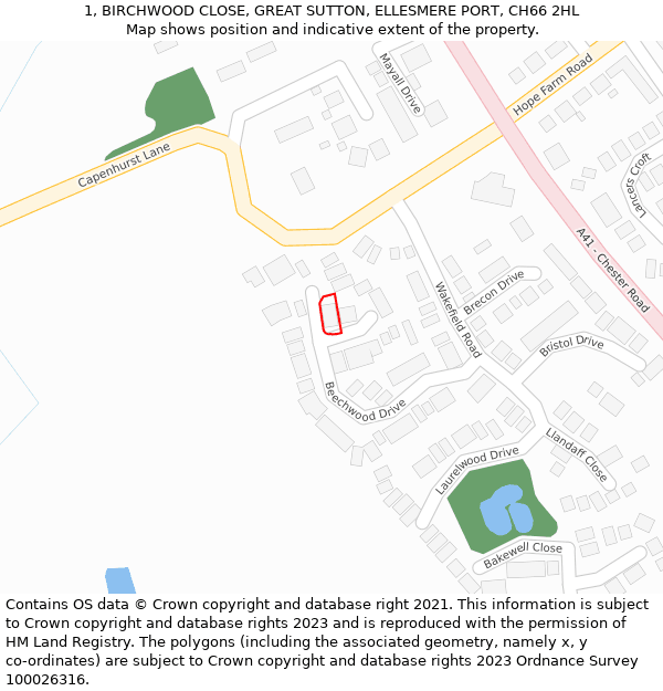 1, BIRCHWOOD CLOSE, GREAT SUTTON, ELLESMERE PORT, CH66 2HL: Location map and indicative extent of plot