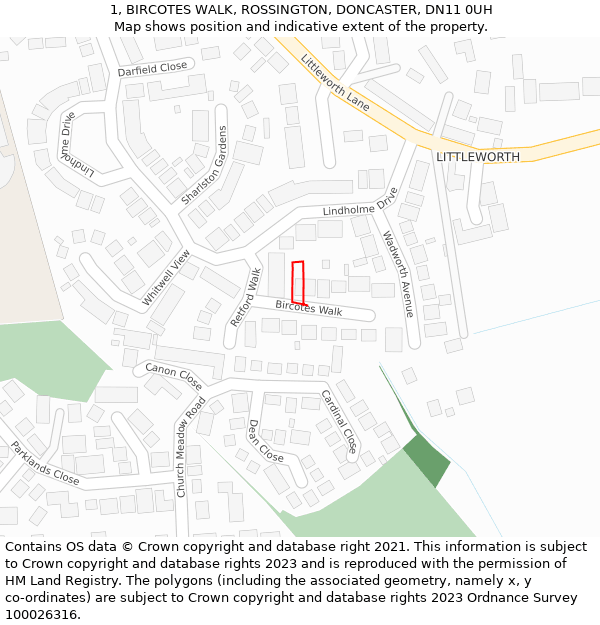 1, BIRCOTES WALK, ROSSINGTON, DONCASTER, DN11 0UH: Location map and indicative extent of plot