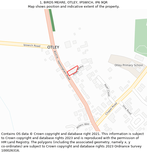 1, BIRDS MEARE, OTLEY, IPSWICH, IP6 9QR: Location map and indicative extent of plot