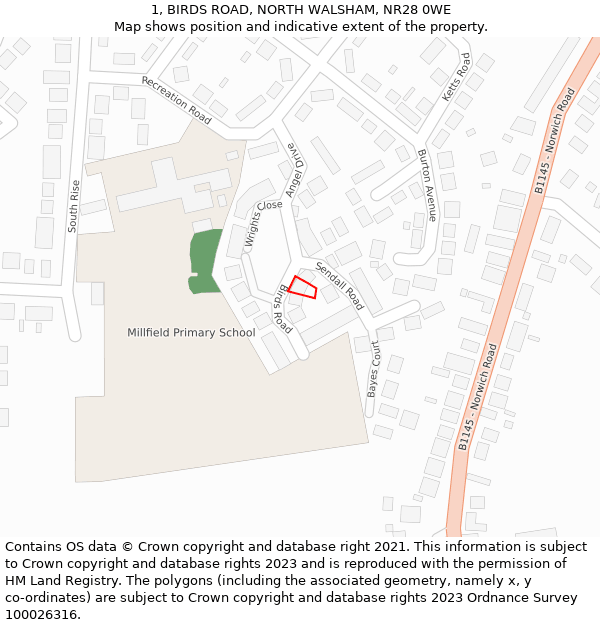 1, BIRDS ROAD, NORTH WALSHAM, NR28 0WE: Location map and indicative extent of plot