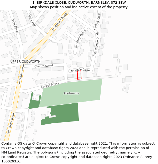 1, BIRKDALE CLOSE, CUDWORTH, BARNSLEY, S72 8EW: Location map and indicative extent of plot