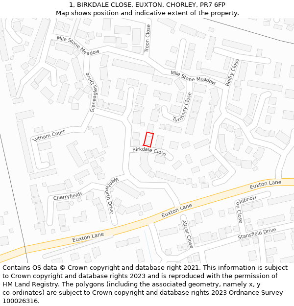 1, BIRKDALE CLOSE, EUXTON, CHORLEY, PR7 6FP: Location map and indicative extent of plot