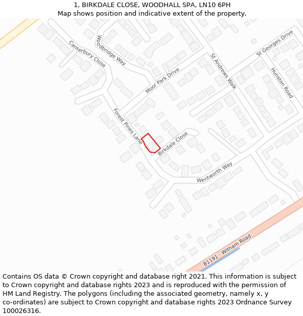 1, BIRKDALE CLOSE, WOODHALL SPA, LN10 6PH: Location map and indicative extent of plot