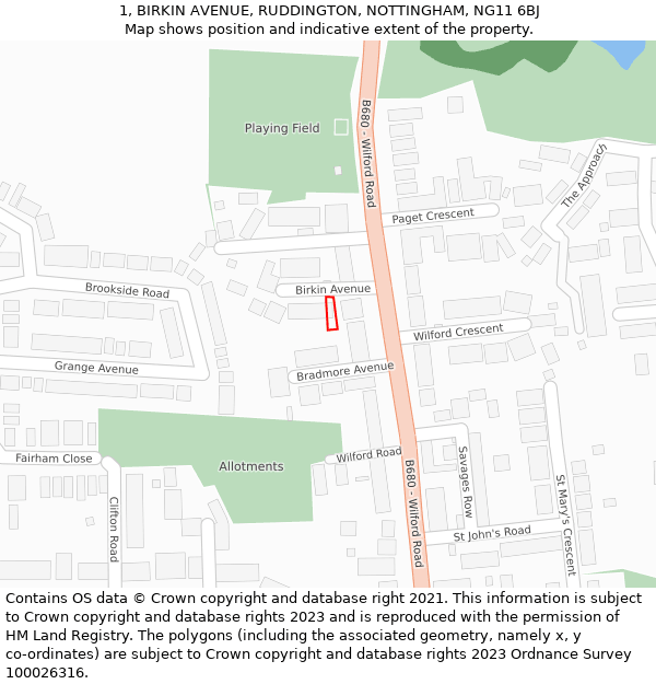 1, BIRKIN AVENUE, RUDDINGTON, NOTTINGHAM, NG11 6BJ: Location map and indicative extent of plot