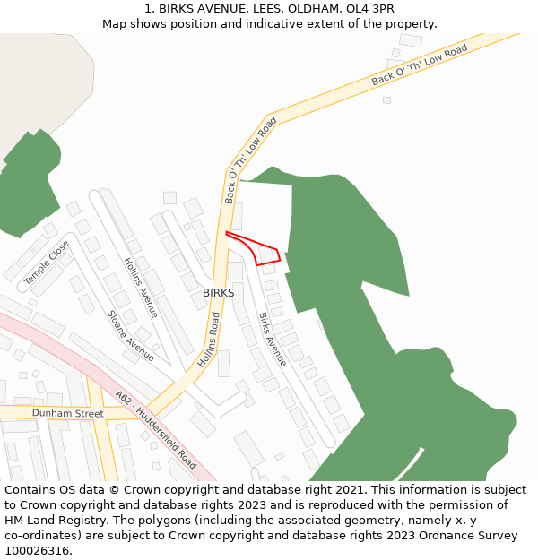 1, BIRKS AVENUE, LEES, OLDHAM, OL4 3PR: Location map and indicative extent of plot
