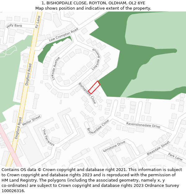 1, BISHOPDALE CLOSE, ROYTON, OLDHAM, OL2 6YE: Location map and indicative extent of plot