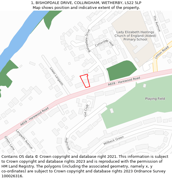 1, BISHOPDALE DRIVE, COLLINGHAM, WETHERBY, LS22 5LP: Location map and indicative extent of plot