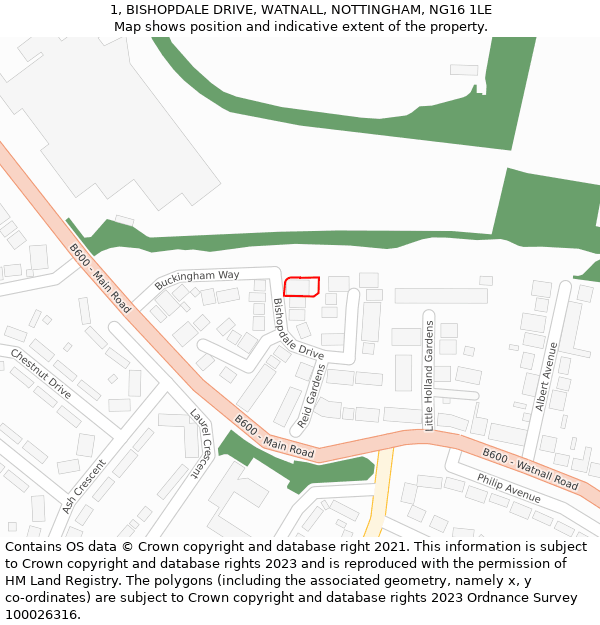 1, BISHOPDALE DRIVE, WATNALL, NOTTINGHAM, NG16 1LE: Location map and indicative extent of plot