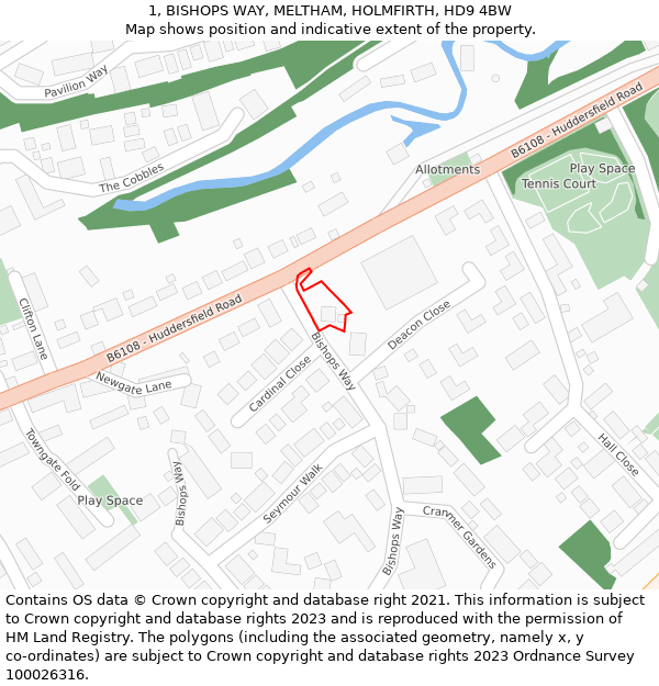 1, BISHOPS WAY, MELTHAM, HOLMFIRTH, HD9 4BW: Location map and indicative extent of plot