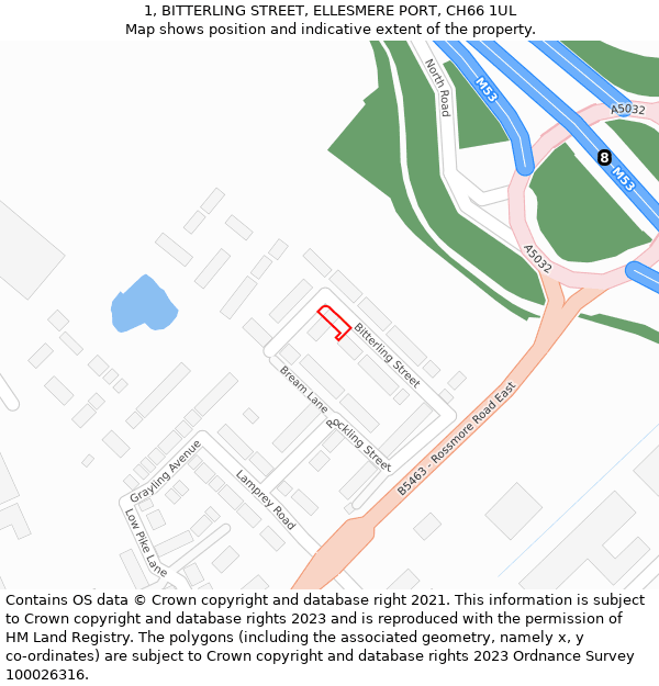 1, BITTERLING STREET, ELLESMERE PORT, CH66 1UL: Location map and indicative extent of plot