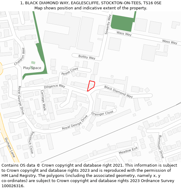 1, BLACK DIAMOND WAY, EAGLESCLIFFE, STOCKTON-ON-TEES, TS16 0SE: Location map and indicative extent of plot