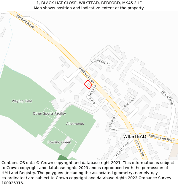 1, BLACK HAT CLOSE, WILSTEAD, BEDFORD, MK45 3HE: Location map and indicative extent of plot