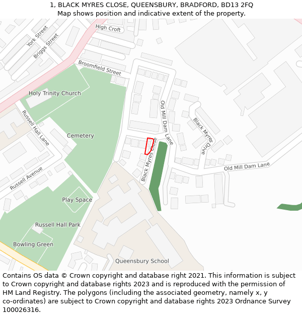 1, BLACK MYRES CLOSE, QUEENSBURY, BRADFORD, BD13 2FQ: Location map and indicative extent of plot