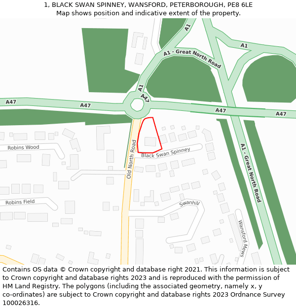1, BLACK SWAN SPINNEY, WANSFORD, PETERBOROUGH, PE8 6LE: Location map and indicative extent of plot