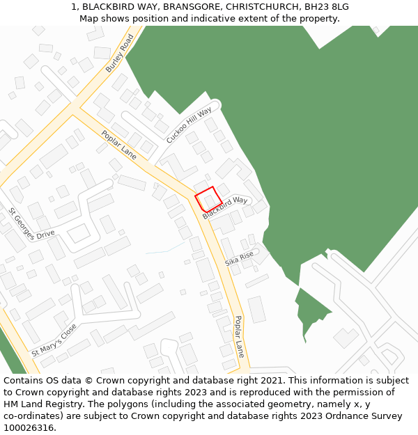 1, BLACKBIRD WAY, BRANSGORE, CHRISTCHURCH, BH23 8LG: Location map and indicative extent of plot