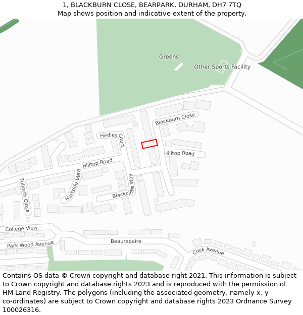 1, BLACKBURN CLOSE, BEARPARK, DURHAM, DH7 7TQ: Location map and indicative extent of plot