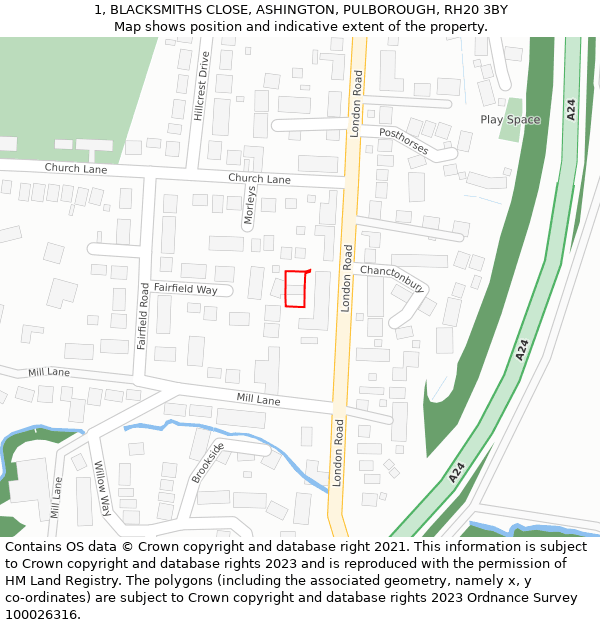 1, BLACKSMITHS CLOSE, ASHINGTON, PULBOROUGH, RH20 3BY: Location map and indicative extent of plot