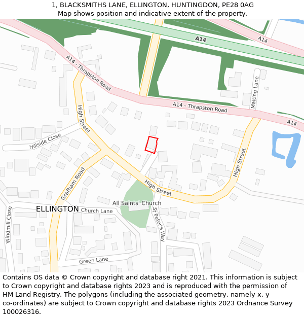 1, BLACKSMITHS LANE, ELLINGTON, HUNTINGDON, PE28 0AG: Location map and indicative extent of plot