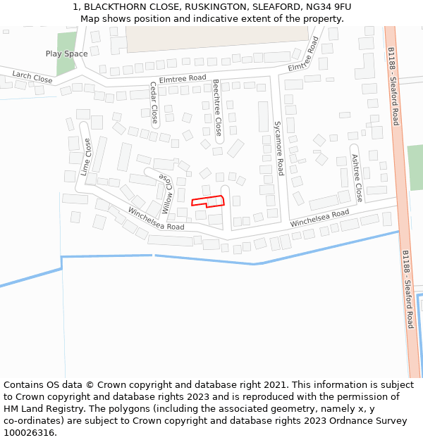 1, BLACKTHORN CLOSE, RUSKINGTON, SLEAFORD, NG34 9FU: Location map and indicative extent of plot