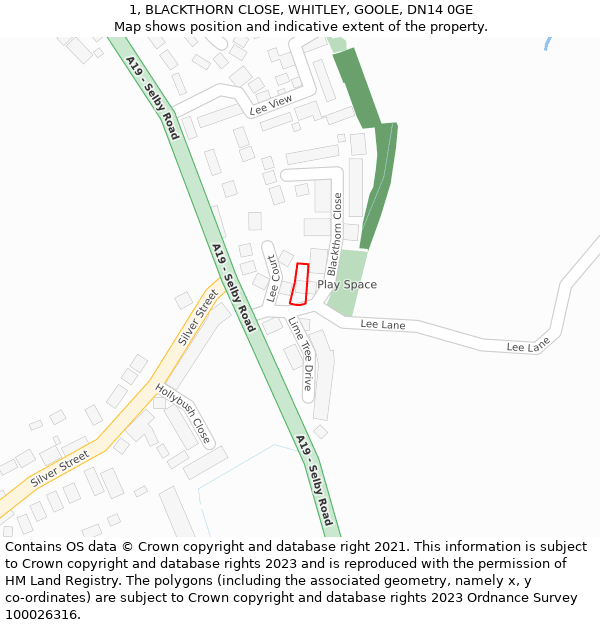 1, BLACKTHORN CLOSE, WHITLEY, GOOLE, DN14 0GE: Location map and indicative extent of plot