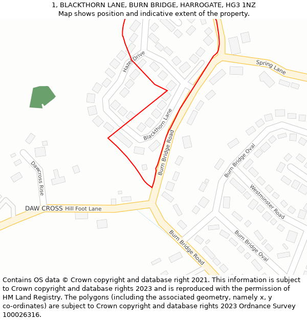 1, BLACKTHORN LANE, BURN BRIDGE, HARROGATE, HG3 1NZ: Location map and indicative extent of plot