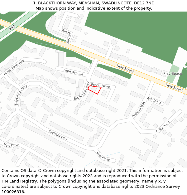 1, BLACKTHORN WAY, MEASHAM, SWADLINCOTE, DE12 7ND: Location map and indicative extent of plot