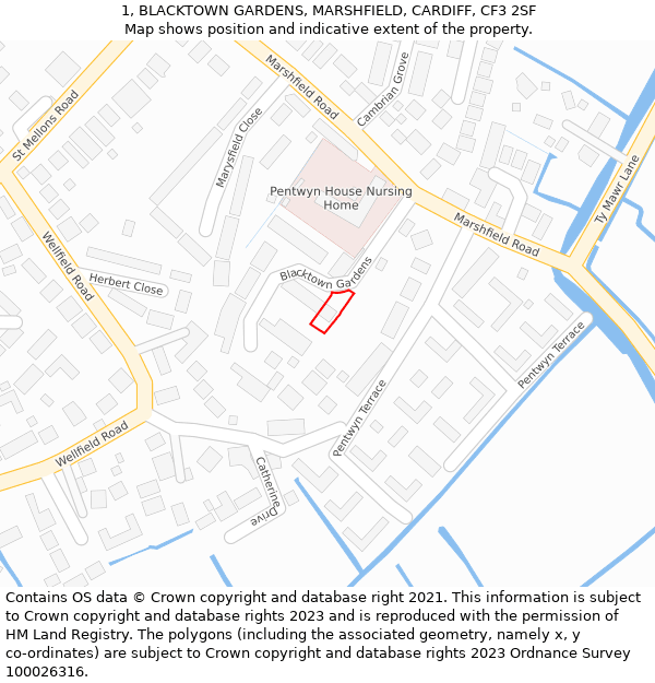 1, BLACKTOWN GARDENS, MARSHFIELD, CARDIFF, CF3 2SF: Location map and indicative extent of plot