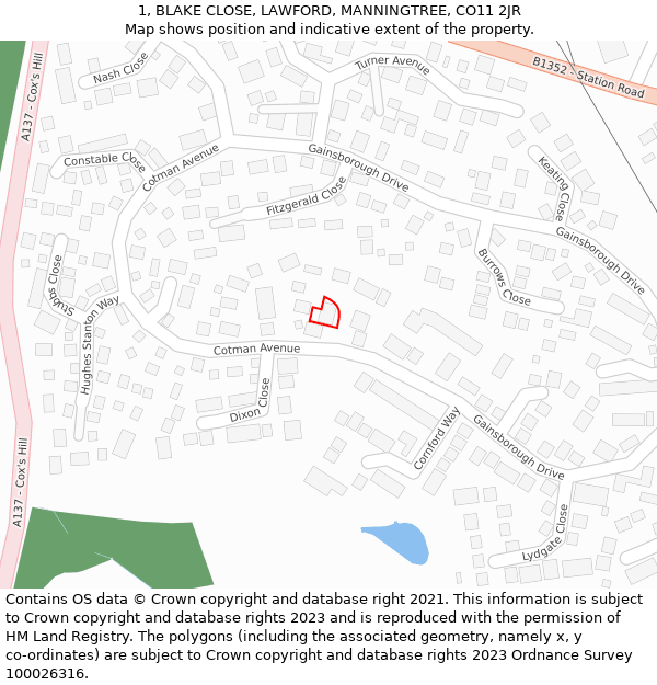 1, BLAKE CLOSE, LAWFORD, MANNINGTREE, CO11 2JR: Location map and indicative extent of plot