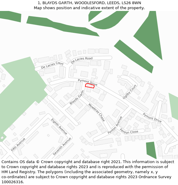 1, BLAYDS GARTH, WOODLESFORD, LEEDS, LS26 8WN: Location map and indicative extent of plot