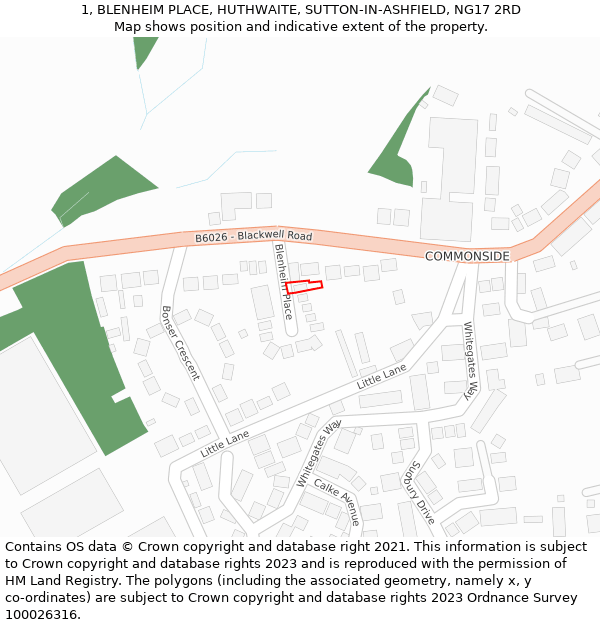 1, BLENHEIM PLACE, HUTHWAITE, SUTTON-IN-ASHFIELD, NG17 2RD: Location map and indicative extent of plot