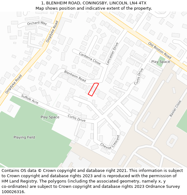 1, BLENHEIM ROAD, CONINGSBY, LINCOLN, LN4 4TX: Location map and indicative extent of plot