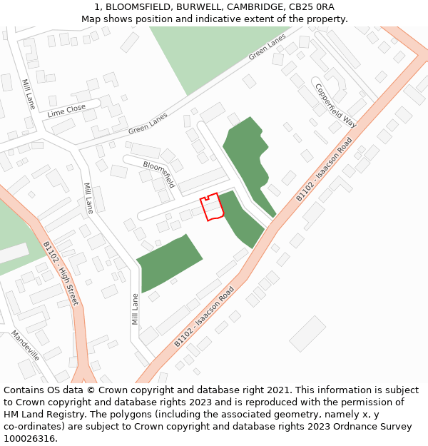 1, BLOOMSFIELD, BURWELL, CAMBRIDGE, CB25 0RA: Location map and indicative extent of plot