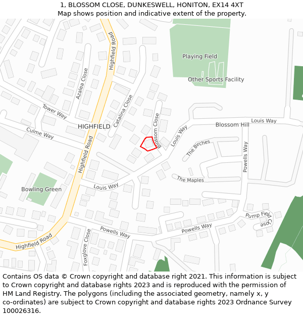 1, BLOSSOM CLOSE, DUNKESWELL, HONITON, EX14 4XT: Location map and indicative extent of plot