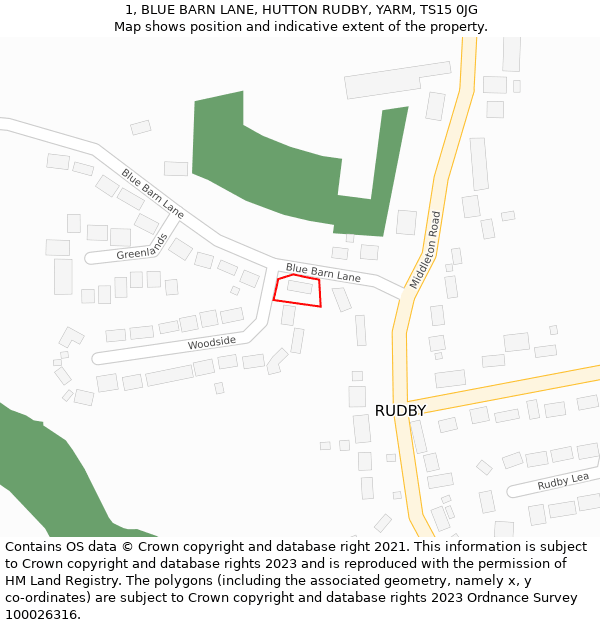 1, BLUE BARN LANE, HUTTON RUDBY, YARM, TS15 0JG: Location map and indicative extent of plot