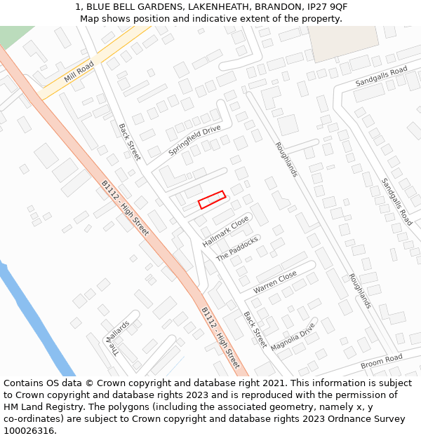 1, BLUE BELL GARDENS, LAKENHEATH, BRANDON, IP27 9QF: Location map and indicative extent of plot