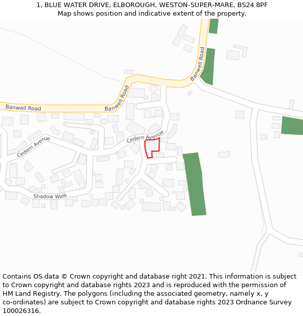 1, BLUE WATER DRIVE, ELBOROUGH, WESTON-SUPER-MARE, BS24 8PF: Location map and indicative extent of plot