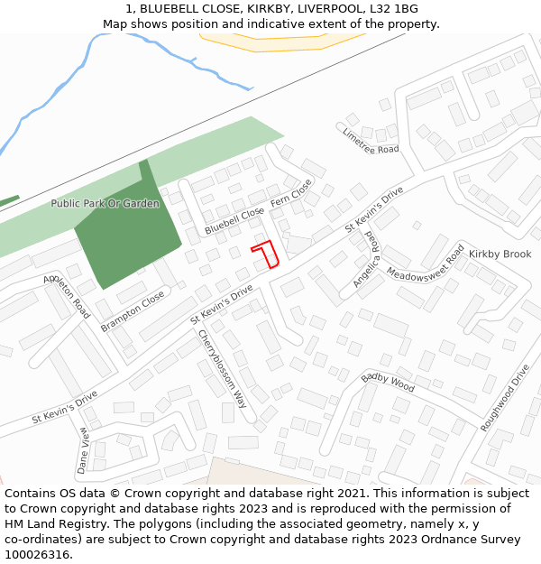 1, BLUEBELL CLOSE, KIRKBY, LIVERPOOL, L32 1BG: Location map and indicative extent of plot
