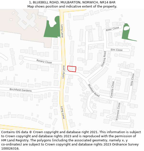 1, BLUEBELL ROAD, MULBARTON, NORWICH, NR14 8AR: Location map and indicative extent of plot