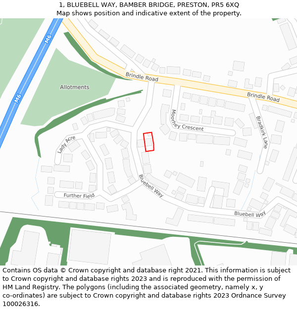 1, BLUEBELL WAY, BAMBER BRIDGE, PRESTON, PR5 6XQ: Location map and indicative extent of plot