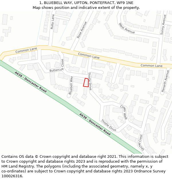 1, BLUEBELL WAY, UPTON, PONTEFRACT, WF9 1NE: Location map and indicative extent of plot