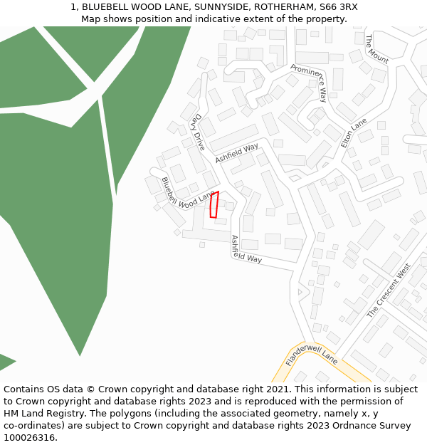1, BLUEBELL WOOD LANE, SUNNYSIDE, ROTHERHAM, S66 3RX: Location map and indicative extent of plot