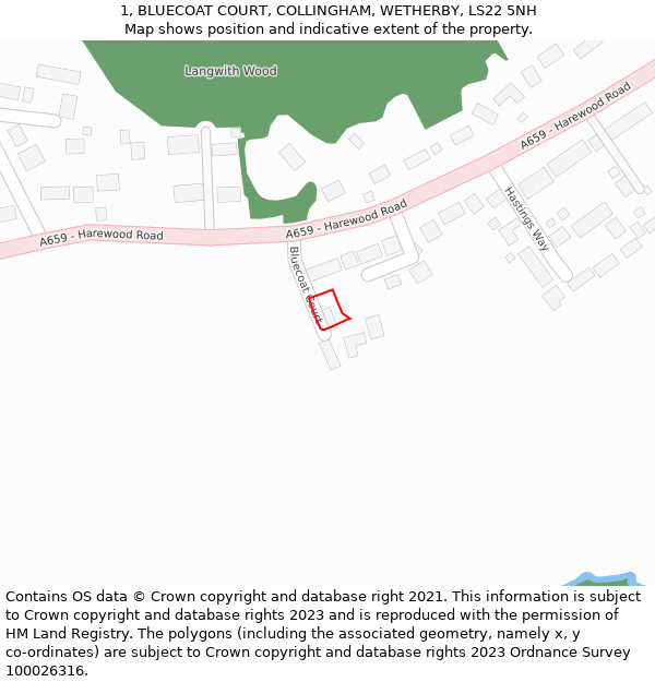 1, BLUECOAT COURT, COLLINGHAM, WETHERBY, LS22 5NH: Location map and indicative extent of plot