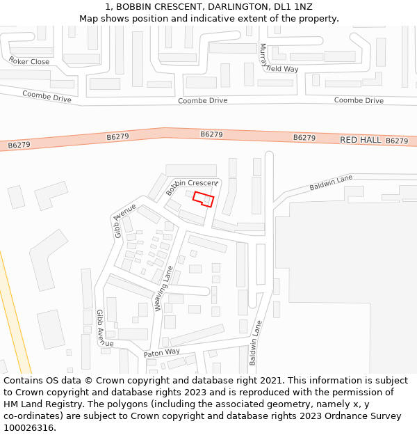 1, BOBBIN CRESCENT, DARLINGTON, DL1 1NZ: Location map and indicative extent of plot