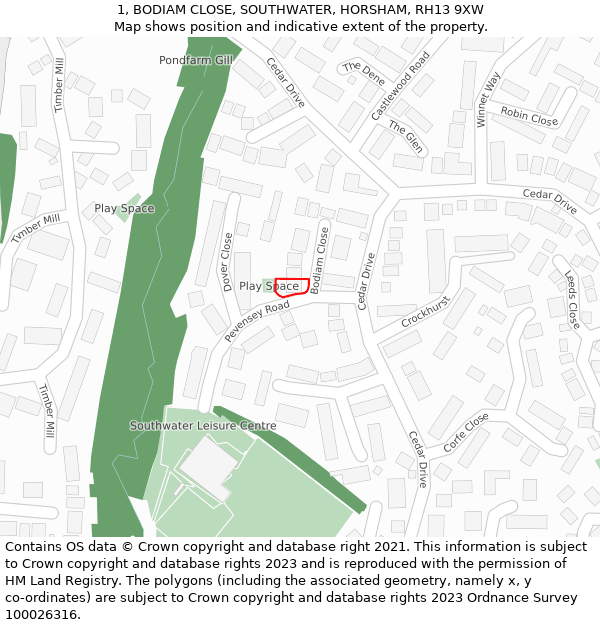 1, BODIAM CLOSE, SOUTHWATER, HORSHAM, RH13 9XW: Location map and indicative extent of plot